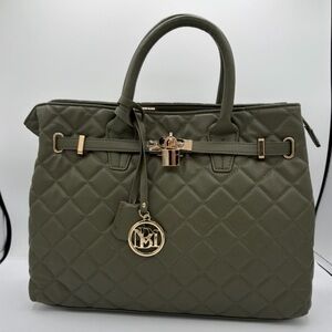 Badgley Mischka Olive Quilted Satchel with Gold Accents